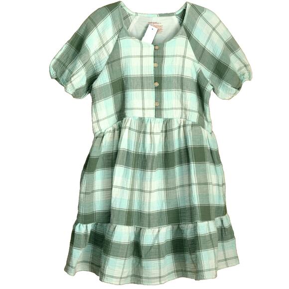 Cat & Jack Other - Cat & Jack Girls Crinkle Cotton Plaid Dress Sage Green Size 14 Button‑Front